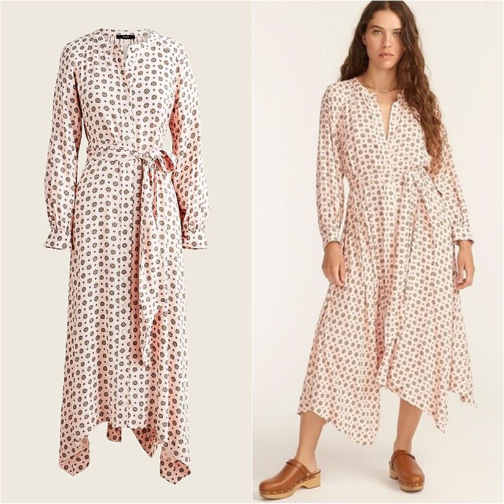 J.Crew handkerchief hem button front midi shirtdress Size X-Small Pink Medallion